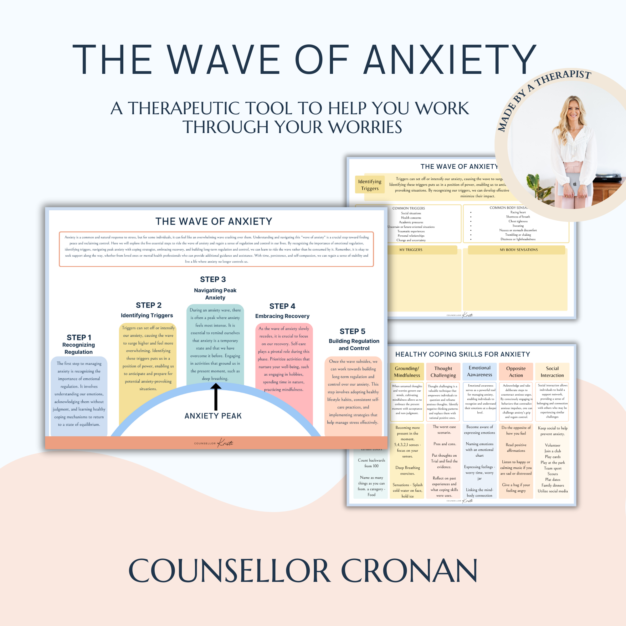 The wave of anxiety, therapeutic tool, therapy worksheet, anxiety triggers.