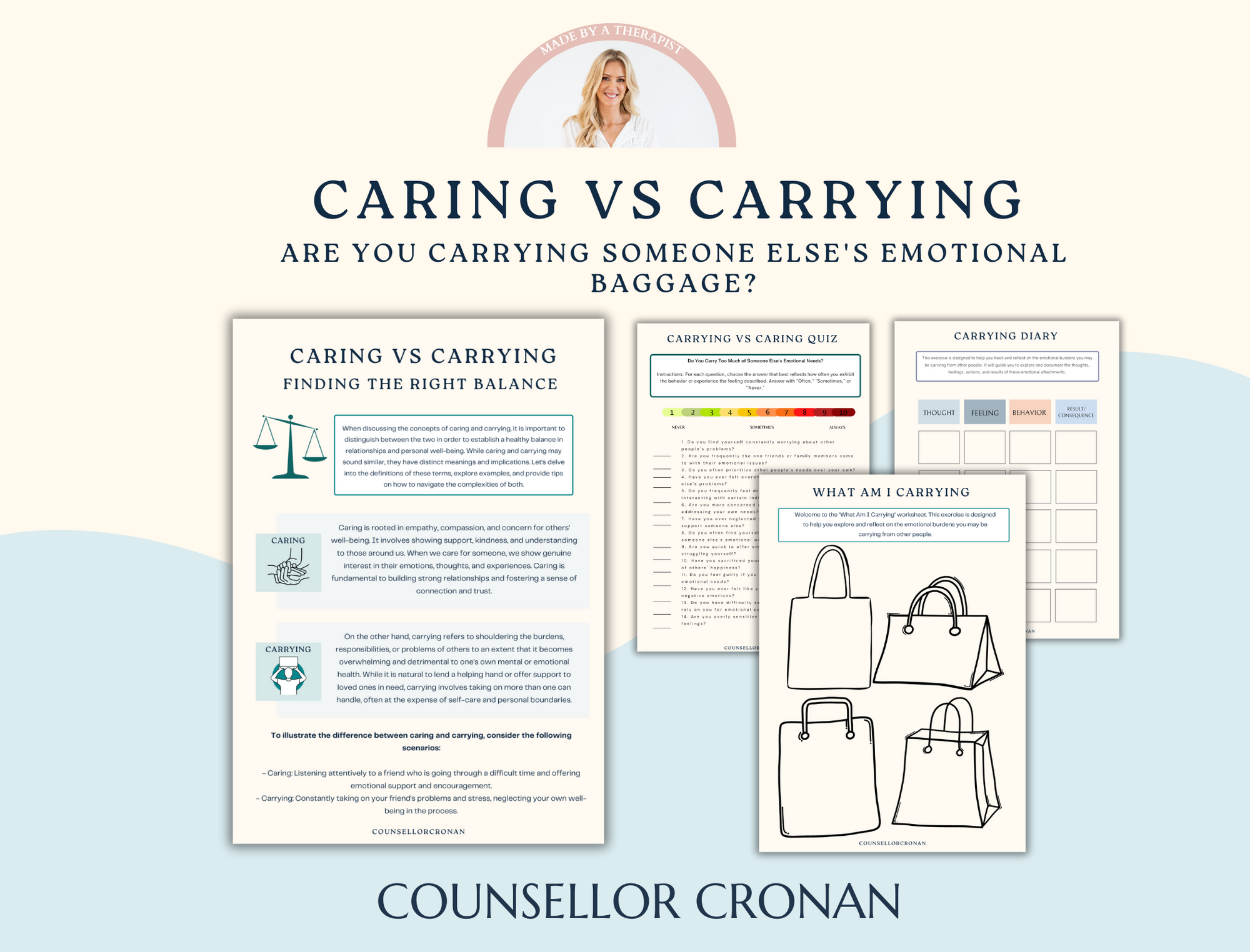 Caring vs Carrying Workbook. An emotional baggage therapeutic tool. Boundary Settings. Relationships. friendships.