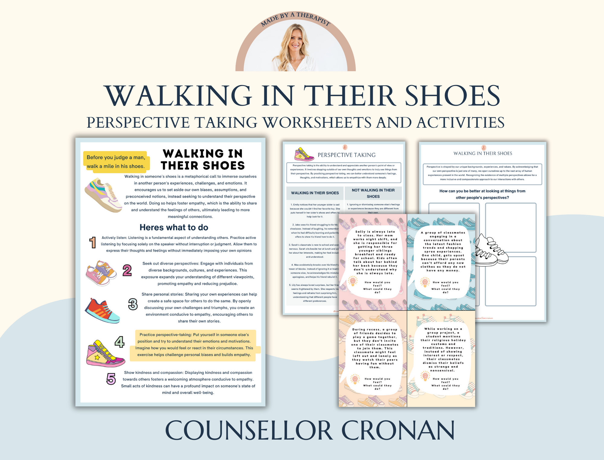 Walking in their shoes perspective taking, and empathy-provoking worksheets. Kids group therapy