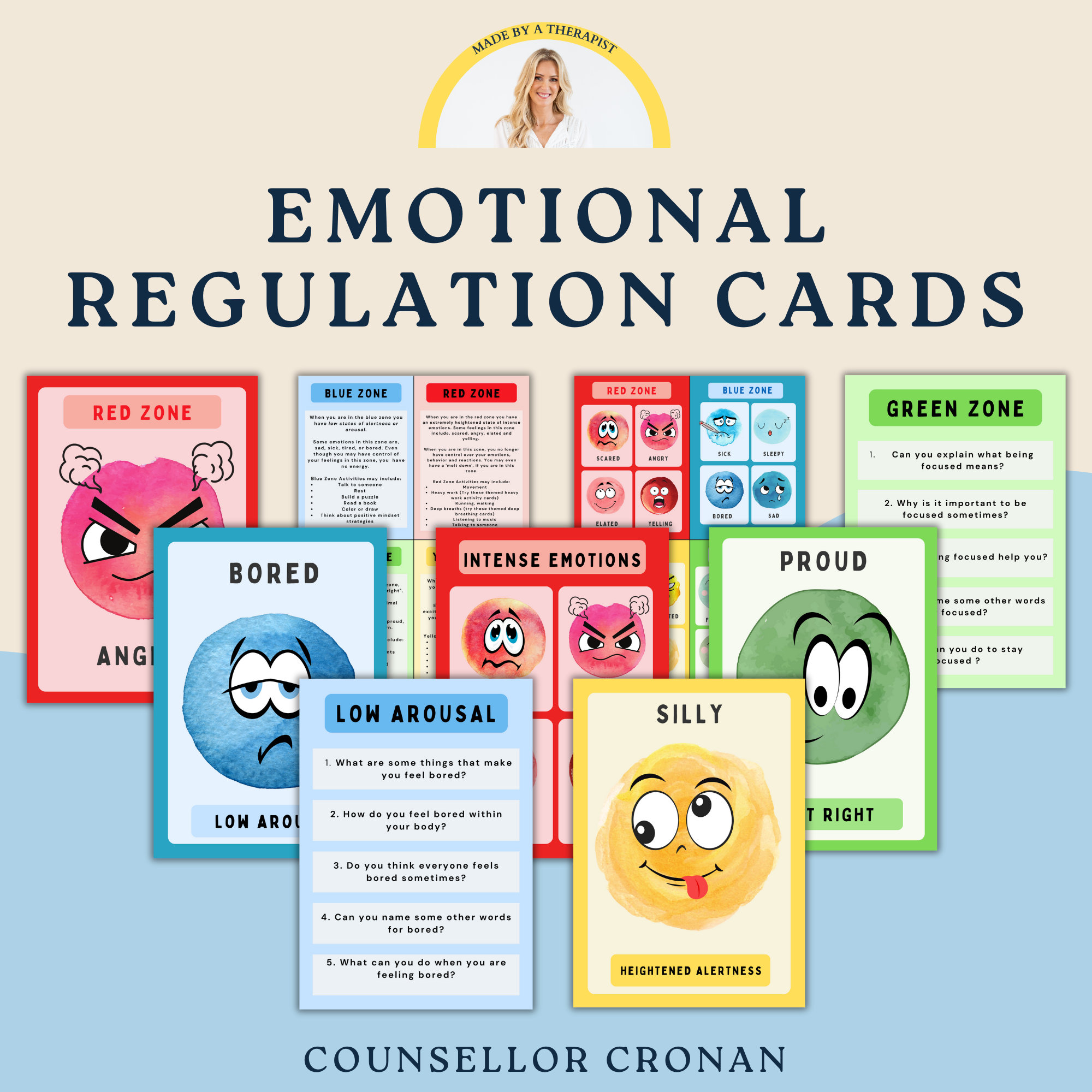 Zones of self-regulation flash cards for kids.